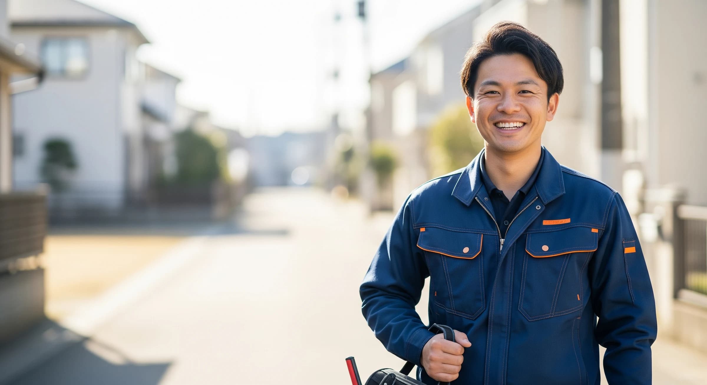 千葉県松戸市の住宅街に立つ便利屋の男性