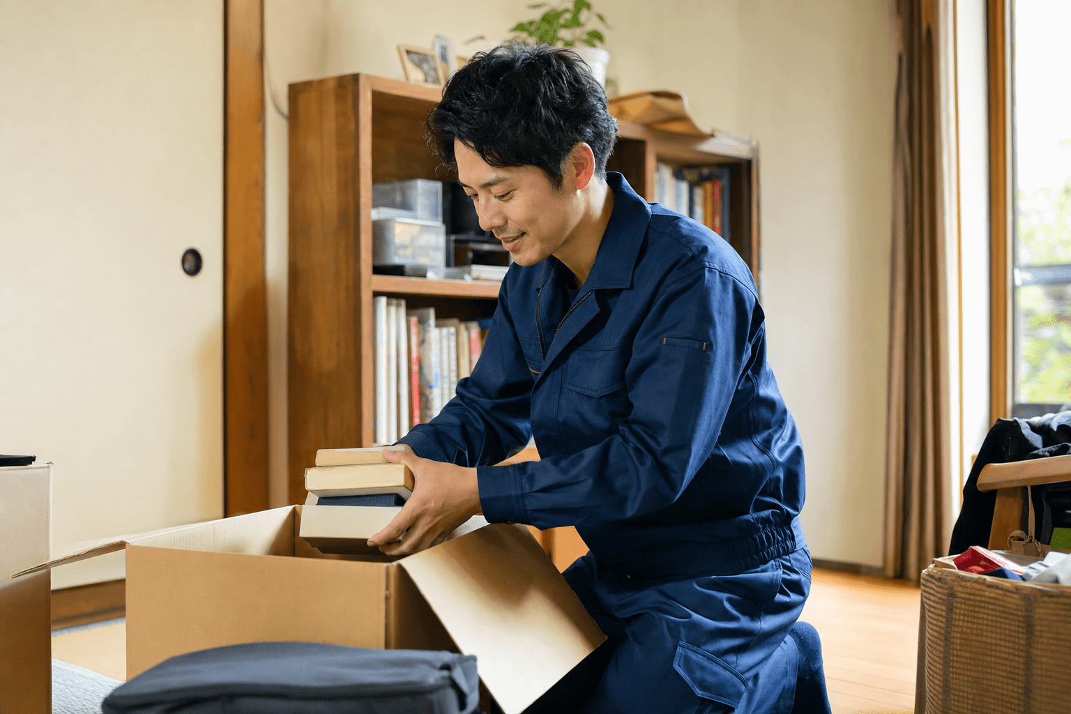 作業着姿でお部屋の片付けをする便利屋の男性